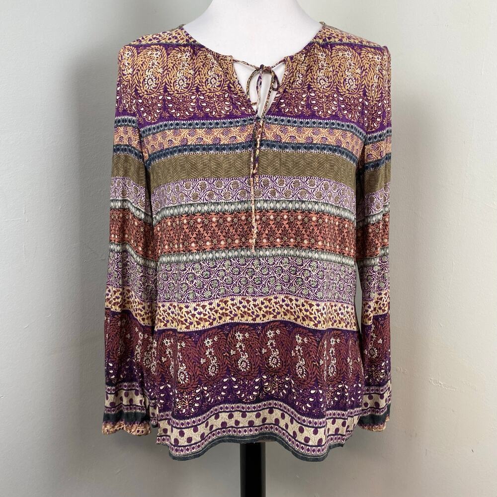 Crosby Mixed Print Long Sleeve Rayon Peasant Blouse Medium